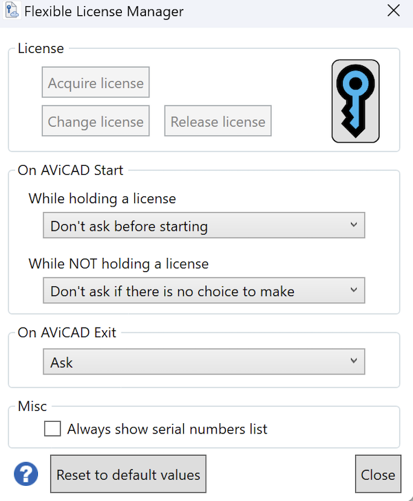 Flex license default settings