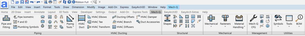 Mech-Q tools ribbon inside of AViCAD